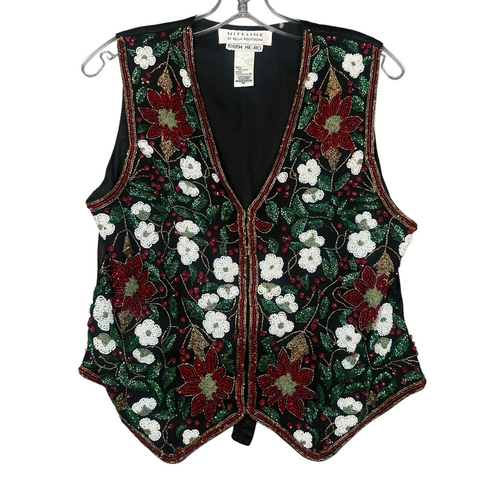 VTG Niteline Della Roufogali Vest Women's Medium Silk Beaded Black Flower‎ Motif